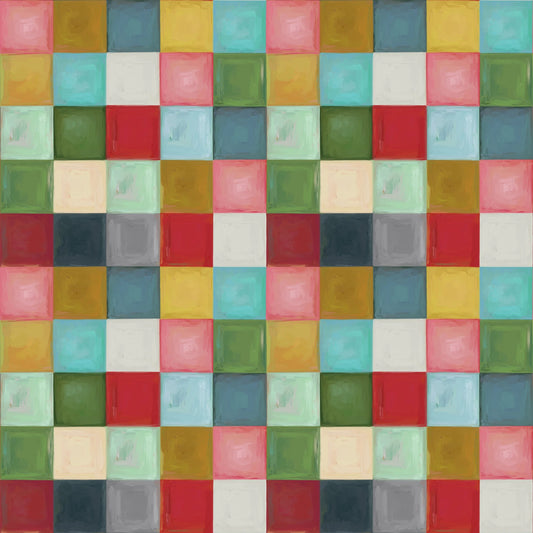 A square abstract artwork made of a grid of painted blocks in many colors, including turquoise, red, green, yellow, pink, cream, gray, and navy, with visible brush texture across the full frame.