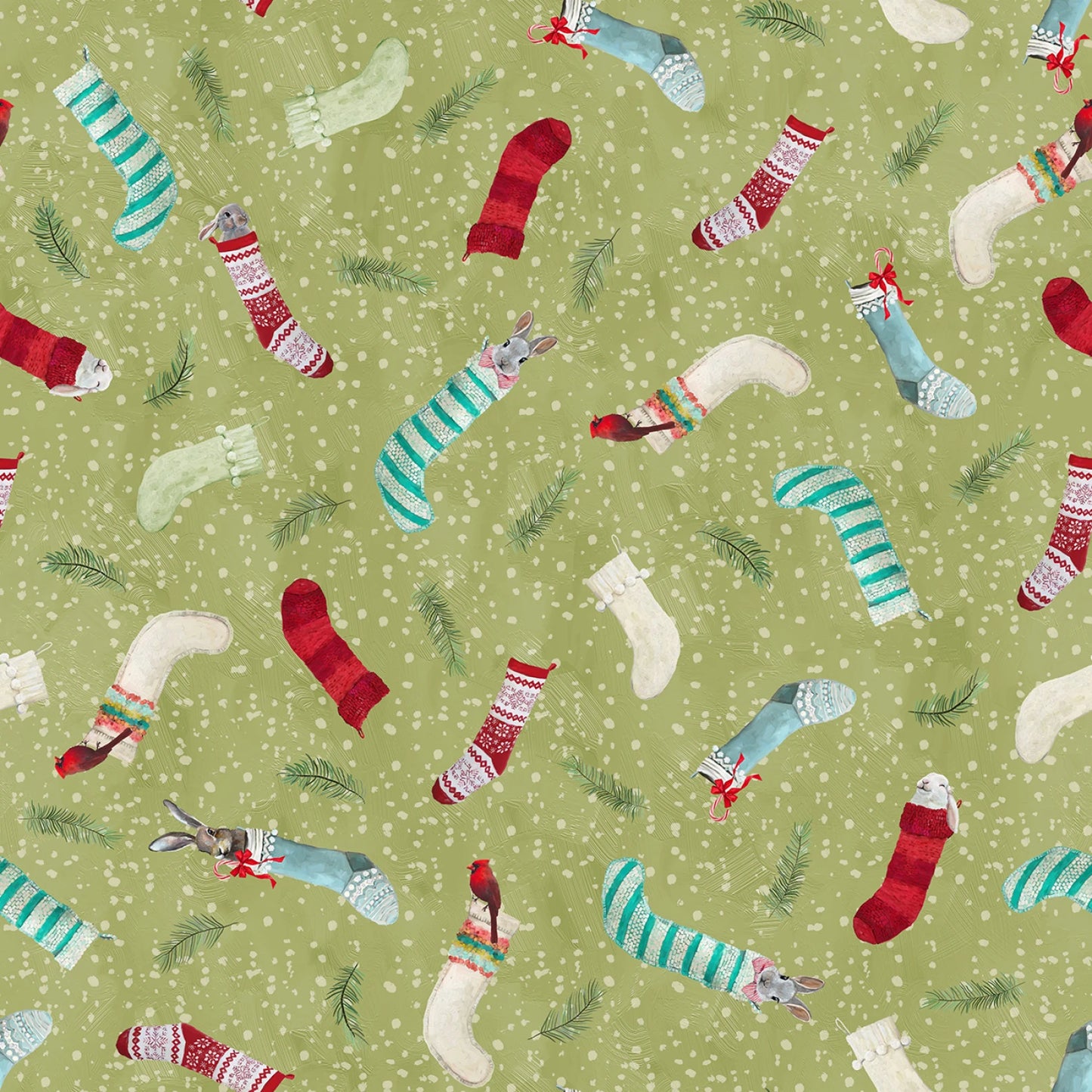 A repeating Christmas pattern on a light olive green background, featuring illustrated stockings in red, teal, cream, and striped red/cream, with small pine branches and falling snowflake details.