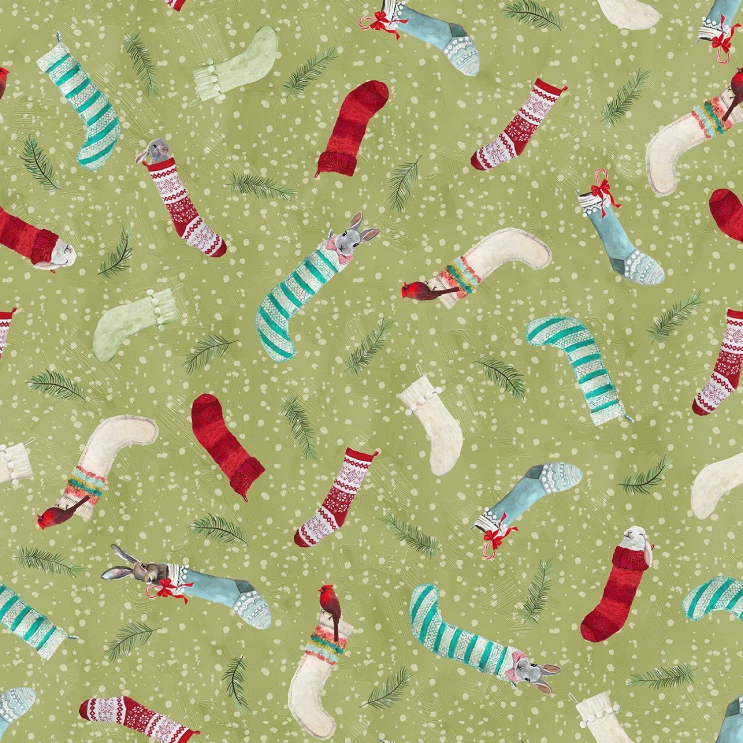 A repeating Christmas pattern on a light olive green background, featuring illustrated stockings in red, teal, cream, and striped red/cream, with small pine branches and falling snowflake details.