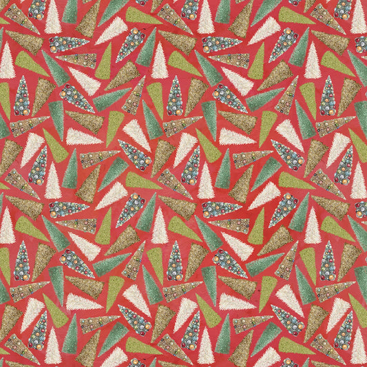 Green and white Christmas trees scattered across a red background