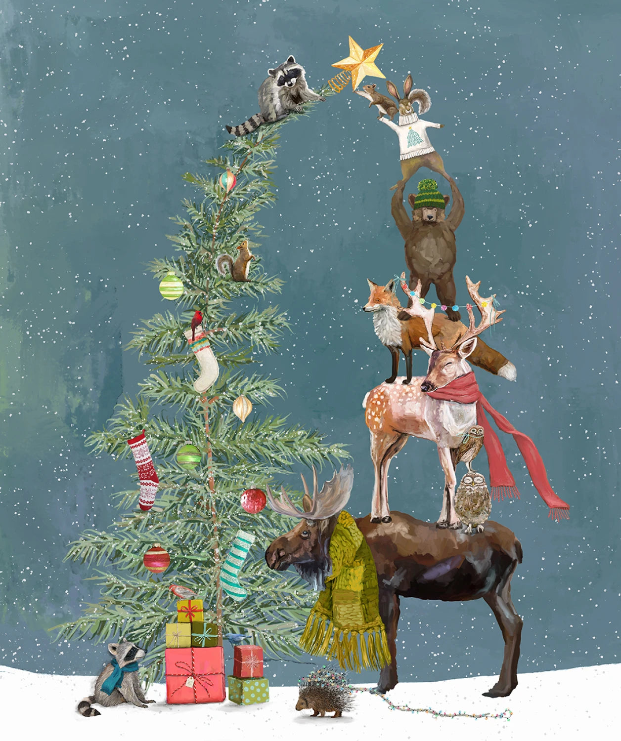 Woodland Animals decorating a Christmas Tree