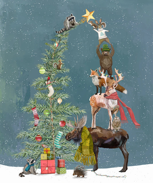 Woodland Animals decorating a Christmas Tree