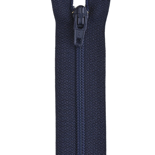 Navy blue zipper on a white background