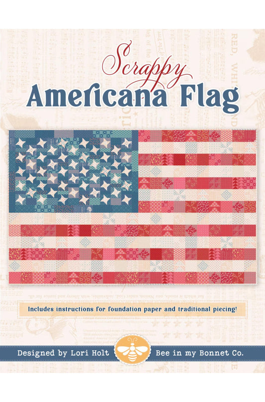 Patterned paper with a patchwork American flag design and text about instructions for foundation paper and traditional piecing.