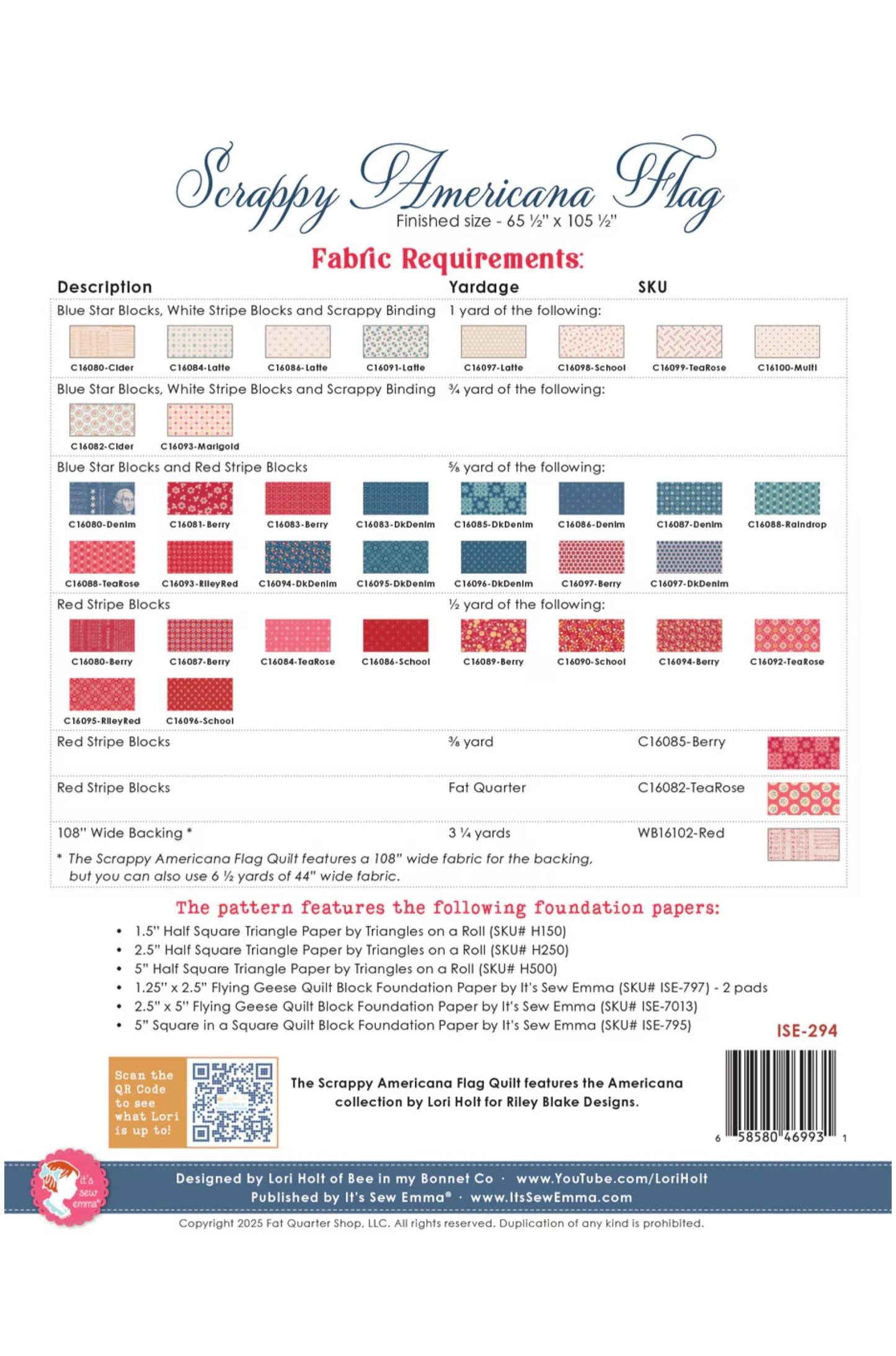 Fabric requirement chart for 'Scrappy Americana Flag' quilt pattern with color swatches and measurements.