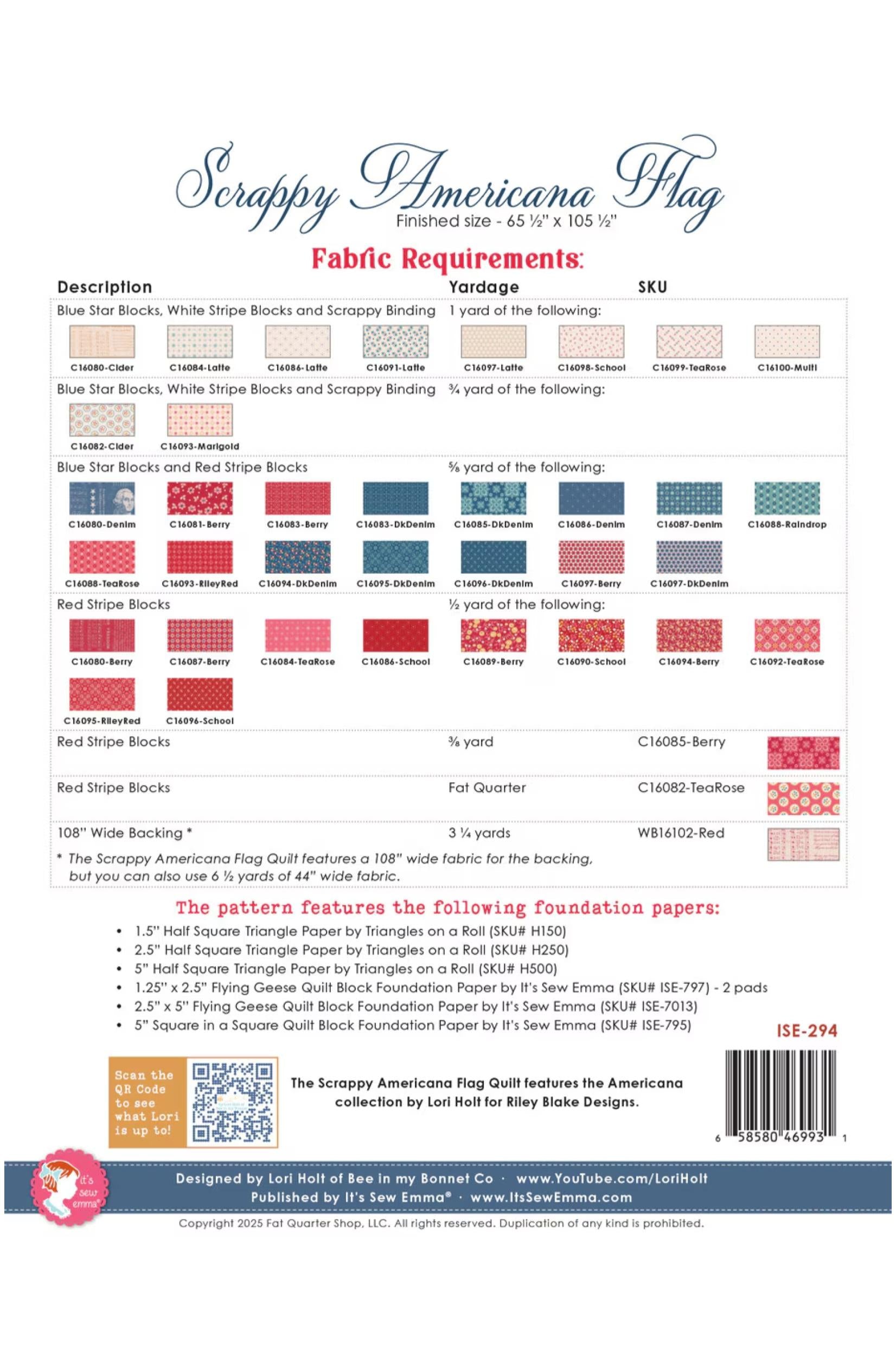 Fabric requirement chart for 'Scrappy Americana Flag' quilt pattern with color swatches and measurements.