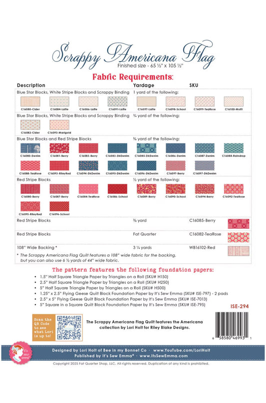 Fabric requirement chart for 'Scrappy Americana Flag' quilt pattern with color swatches and measurements.
