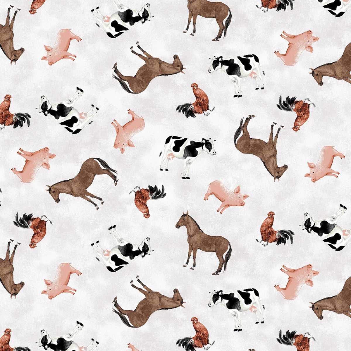 A repeating pattern of farm animals on a white background, including brown horses, black-and-white cows, pink pigs, and orange-brown roosters.