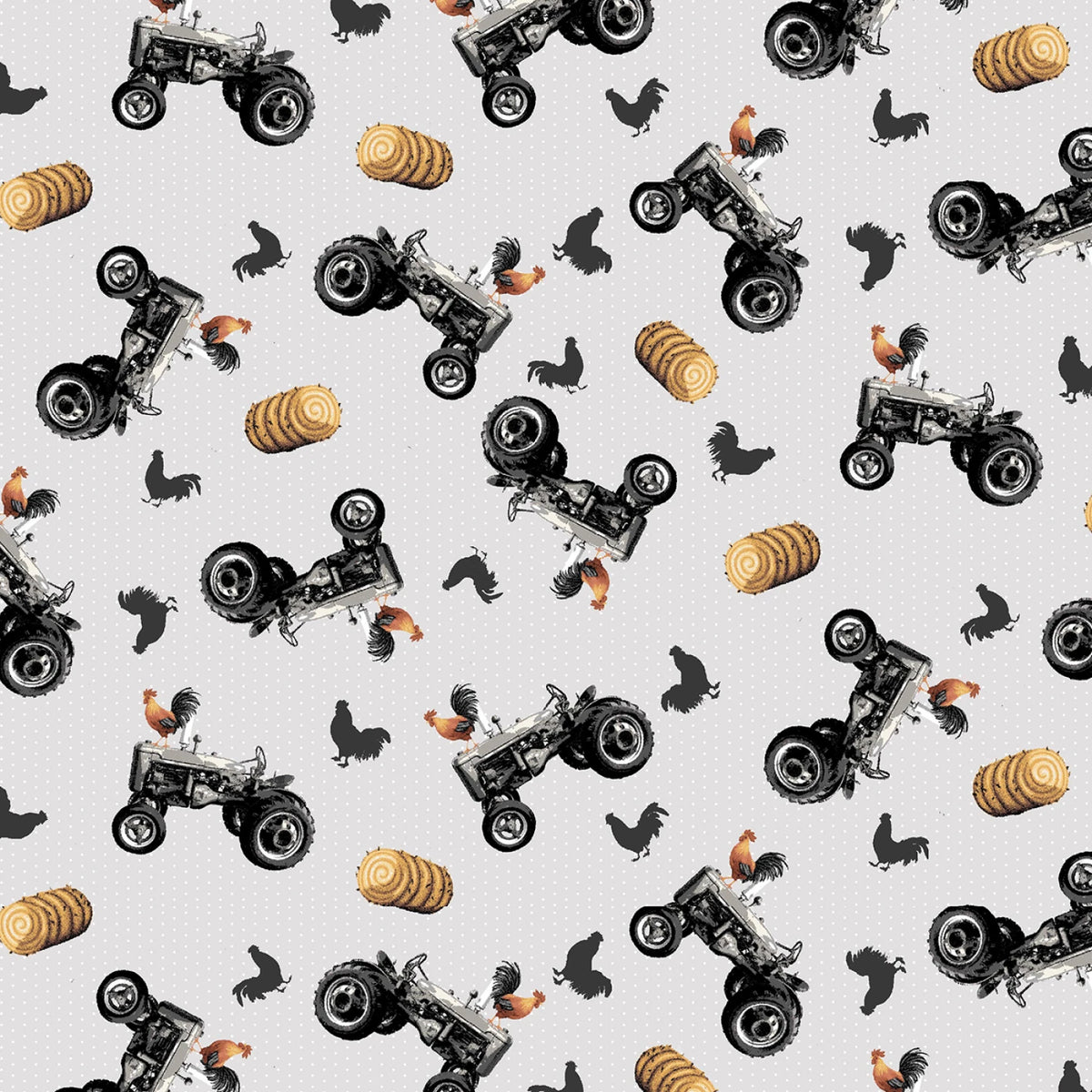 A repeating pattern featuring black and white illustrated tractors, brown hay bales, and small rooster silhouettes on a light gray background.