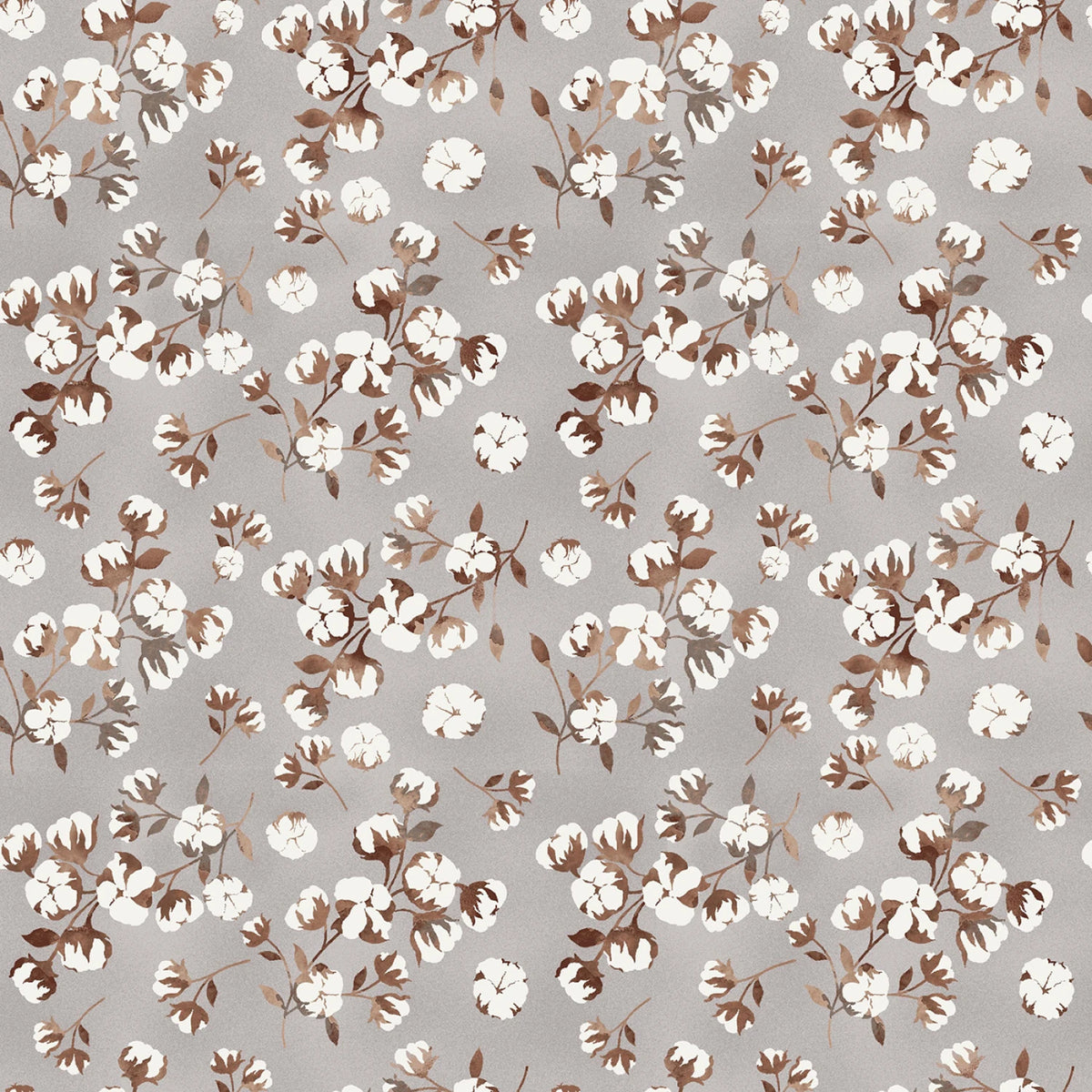 A repeating cotton floral pattern on a light gray background, featuring white cotton bolls with brown and muted taupe stems and leaves.