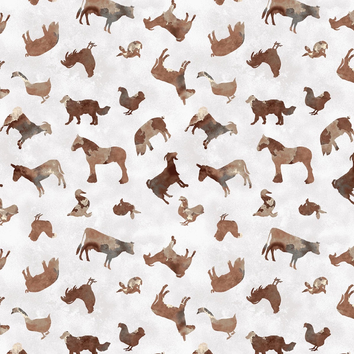 A repeating watercolor-style pattern of farm animals on a light off-white background, including cows, horses, goats, sheep, chickens, ducks, and pigs in muted brown, tan, and gray tones.