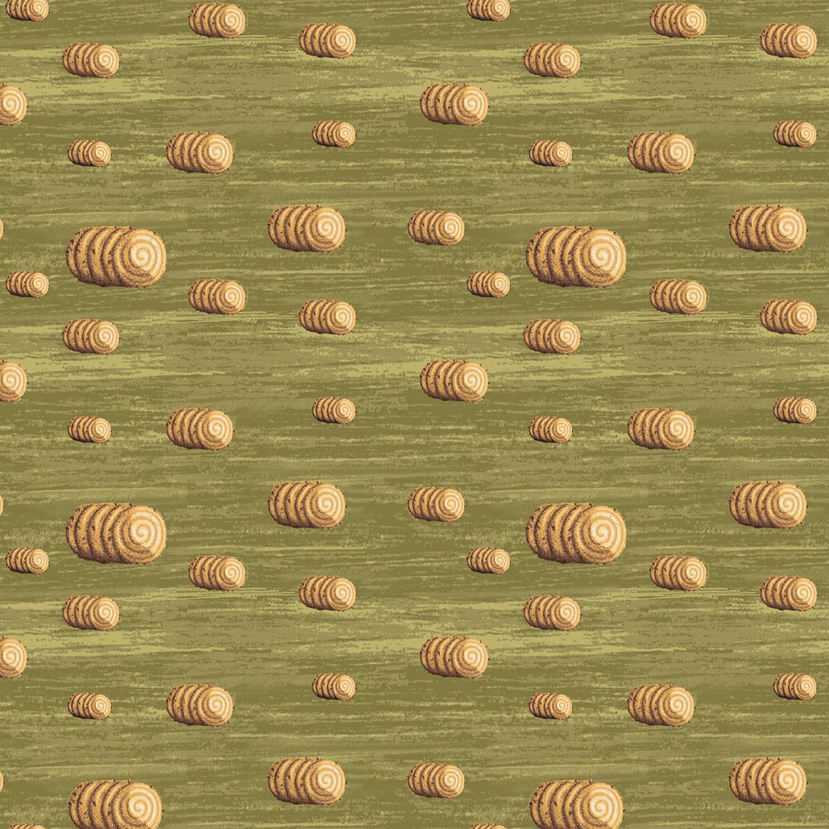 A repeating pattern of small hay bales scattered across a muted olive green textured background.