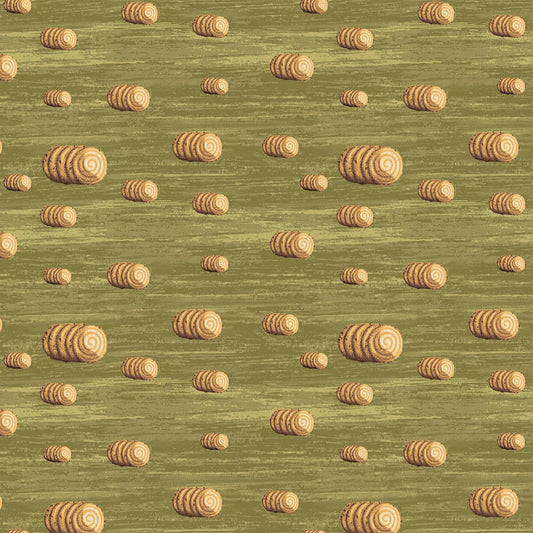A repeating pattern of small hay bales scattered across a muted olive green textured background.