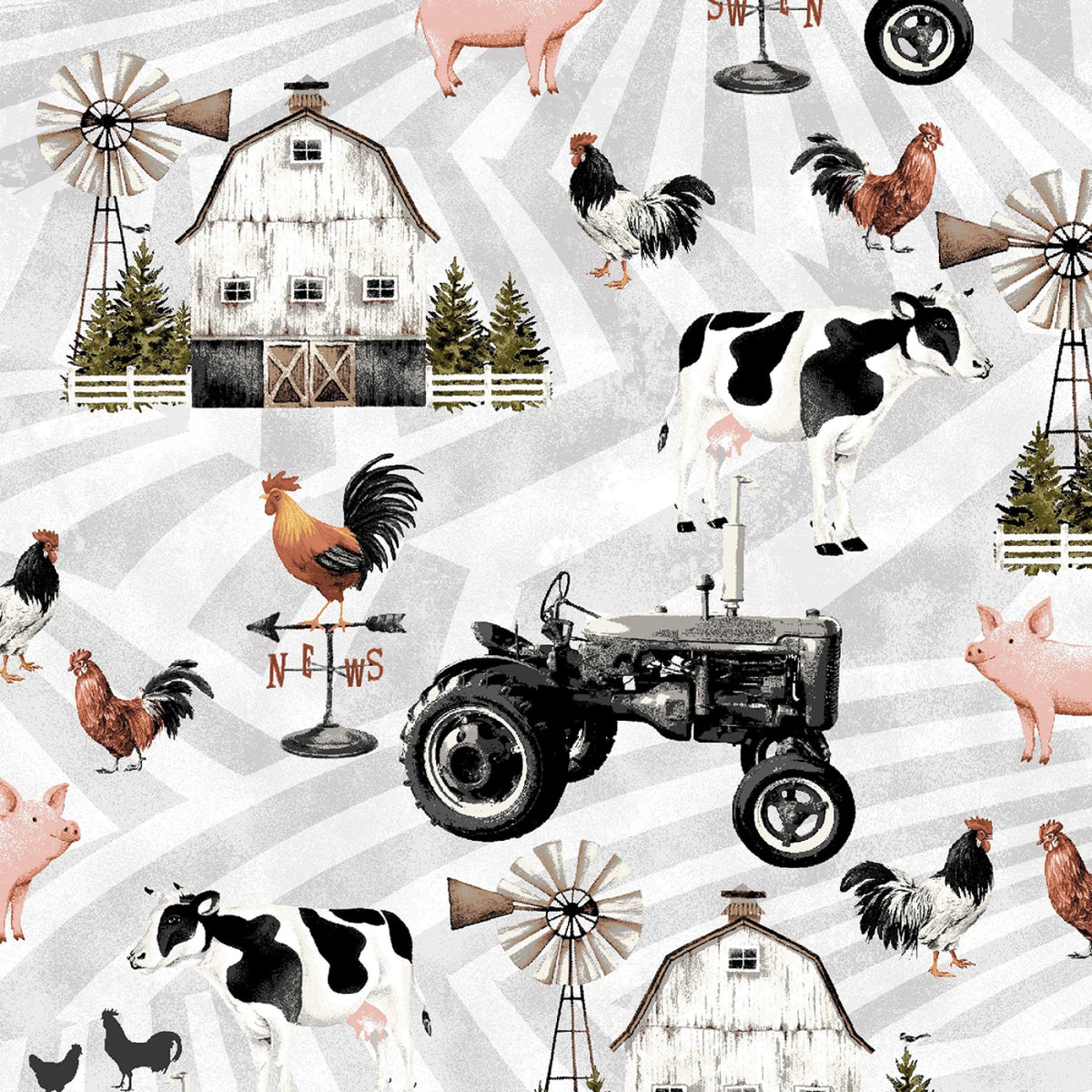 Fairy tale farm pattern featuring a barn, windmills, tractor, cows, pigs, chickens, and a weather vane on a gray and white striped background.