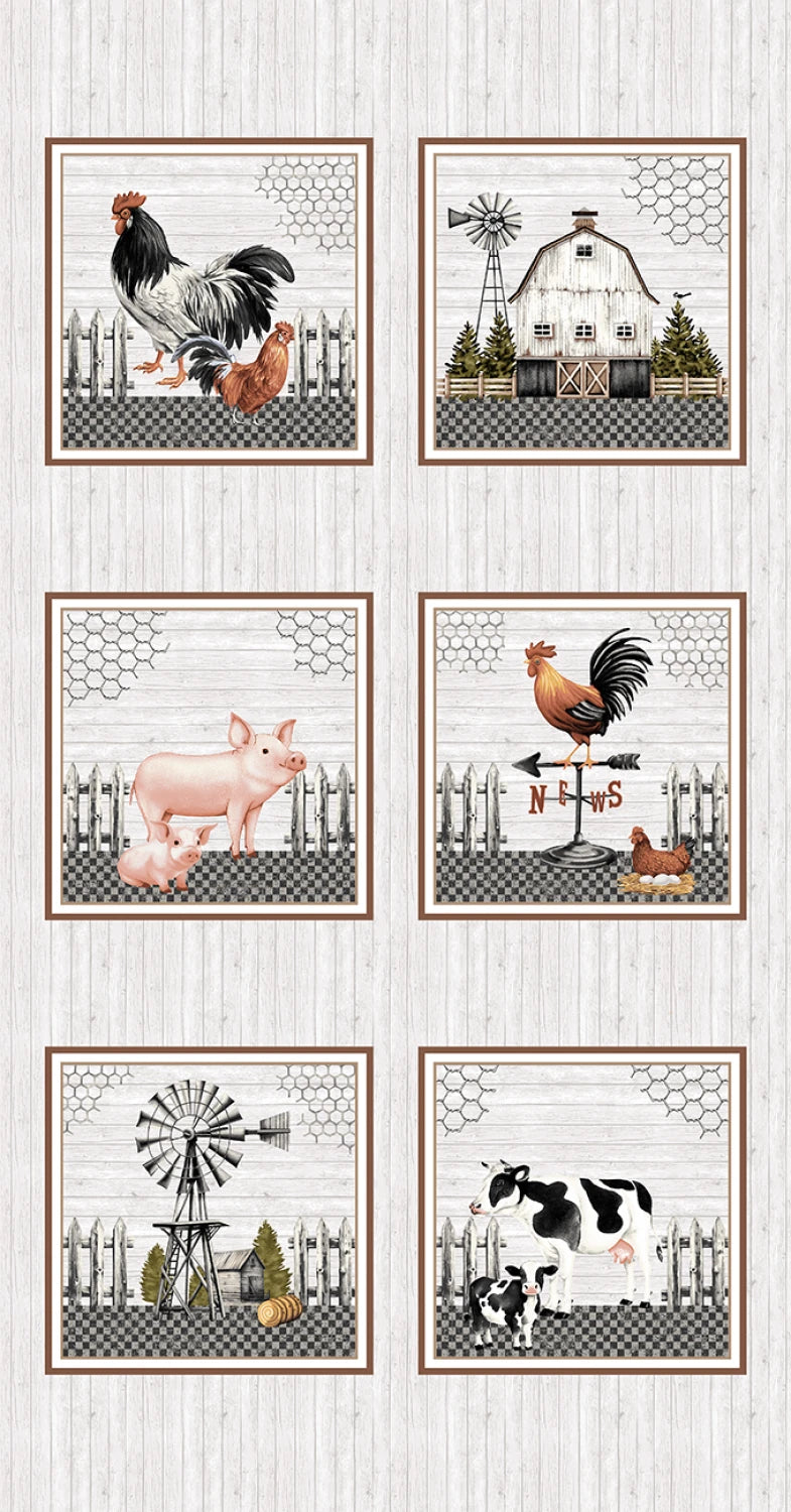A set of six framed rustic farm-themed art prints arranged in a 3x2 grid on a light wood background. The prints feature illustrations of a rooster, barn, pig, windmill, and cow in a black-and-white and brown palette with small warm accents.