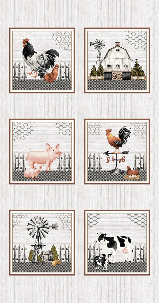 A set of six framed rustic farm-themed art prints arranged in a 3x2 grid on a light wood background. The prints feature illustrations of a rooster, barn, pig, windmill, and cow in a black-and-white and brown palette with small warm accents.