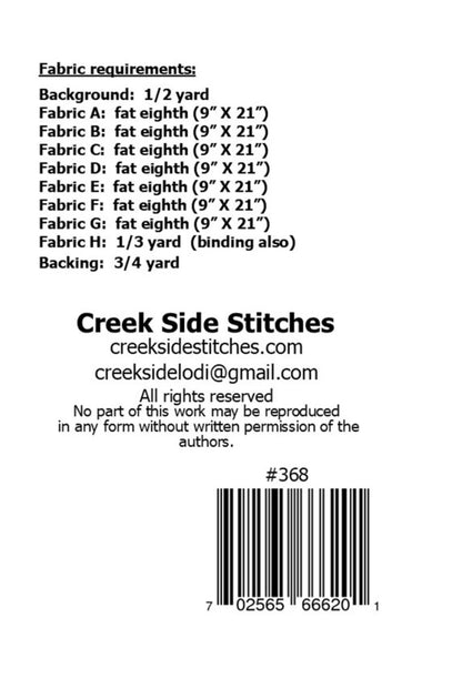 Fabric requirements list for a sewing pattern with Creek Side Stitches branding.