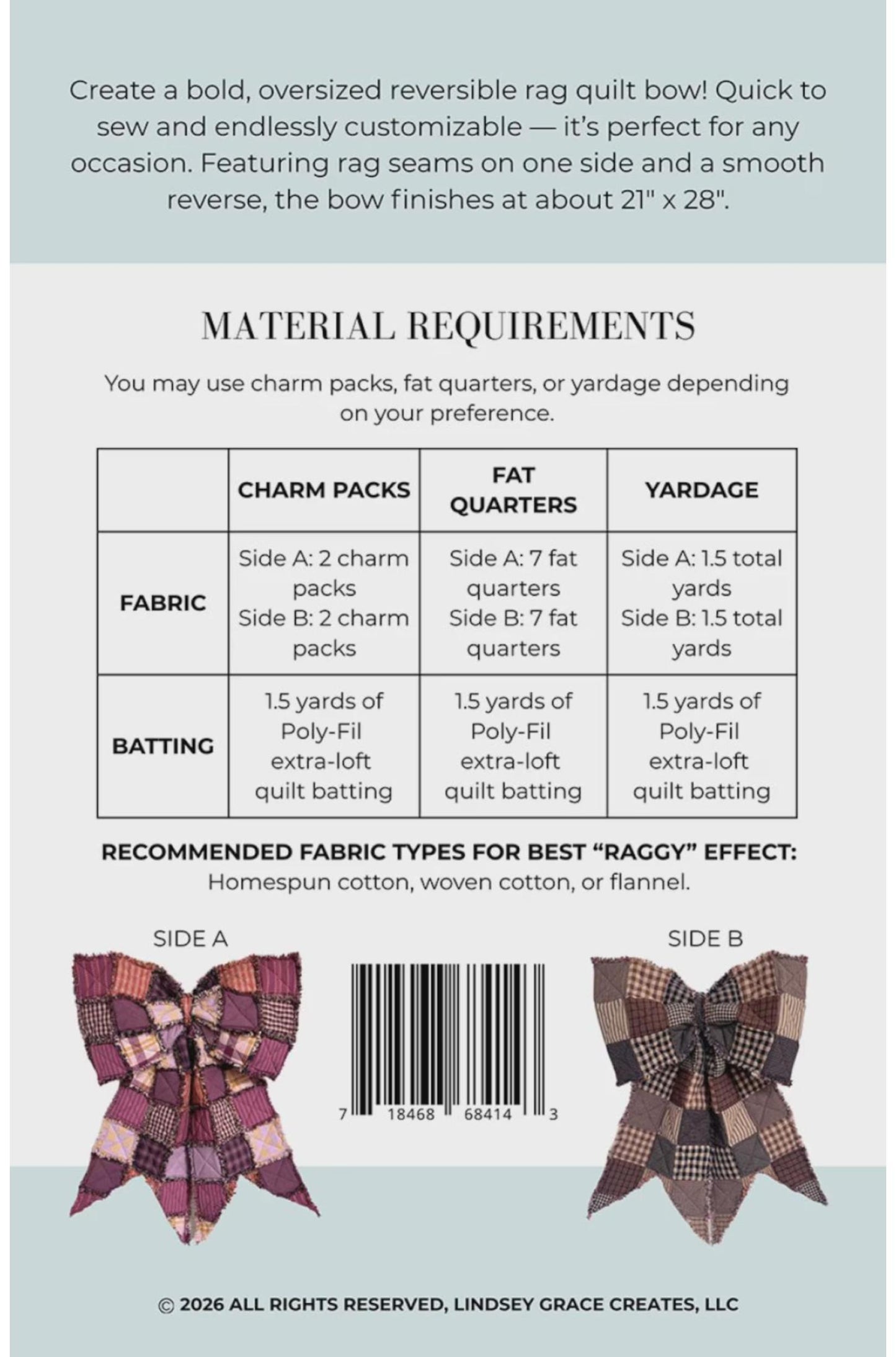 Rag quilt bow pattern with material requirements and fabric recommendations on a light blue background.
