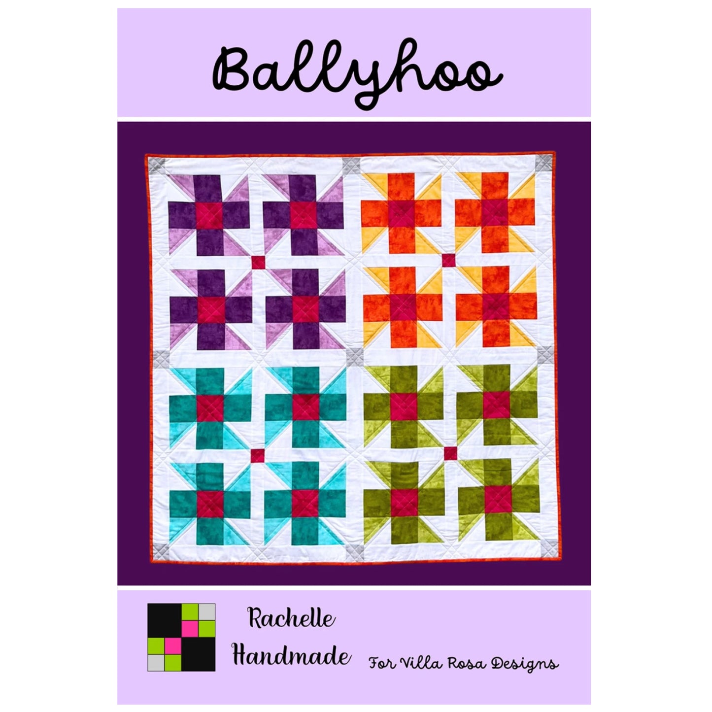 Colorful quilt pattern with 'Ballyhoo' branding on a purple background