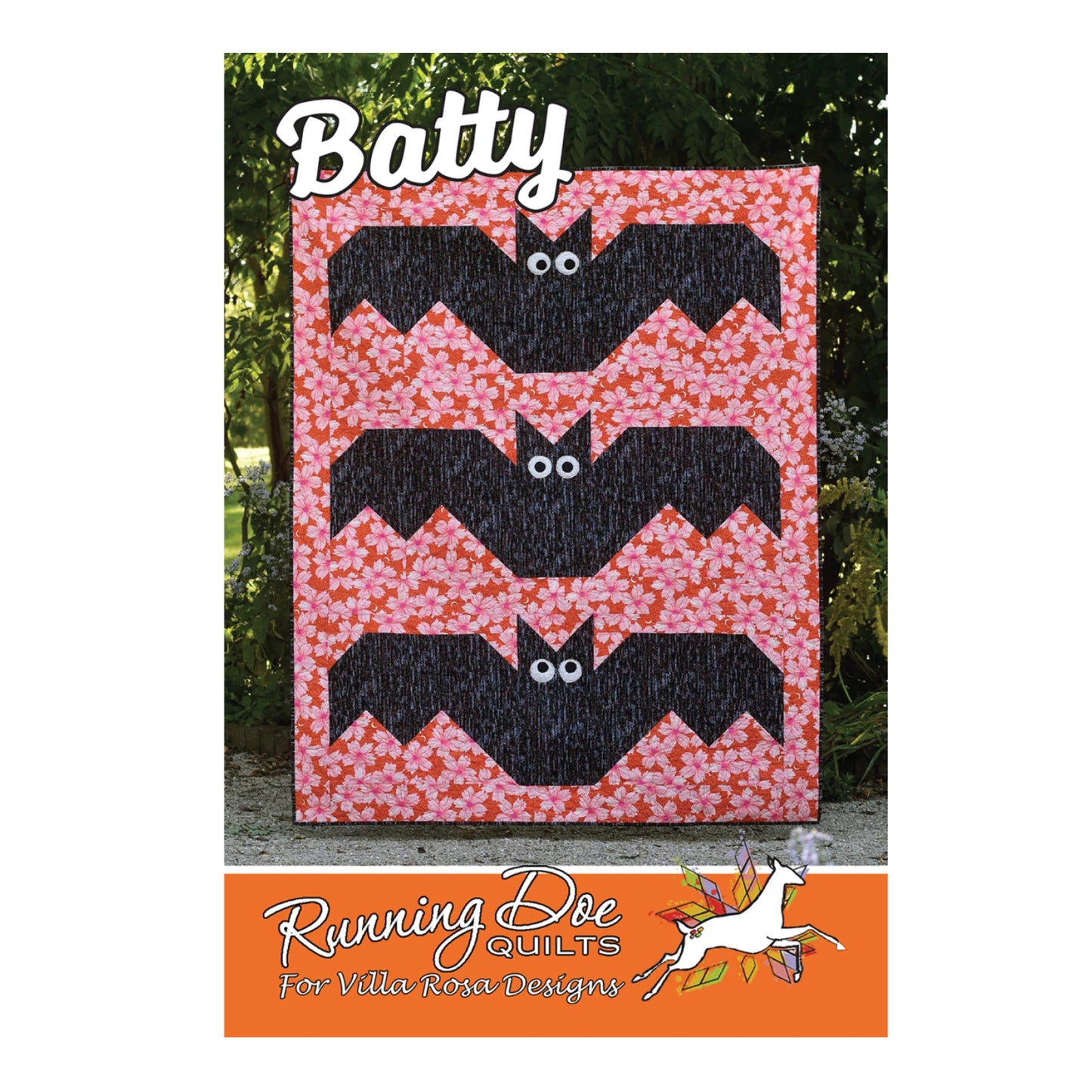 Postcard pattern featuring quilt with three bats