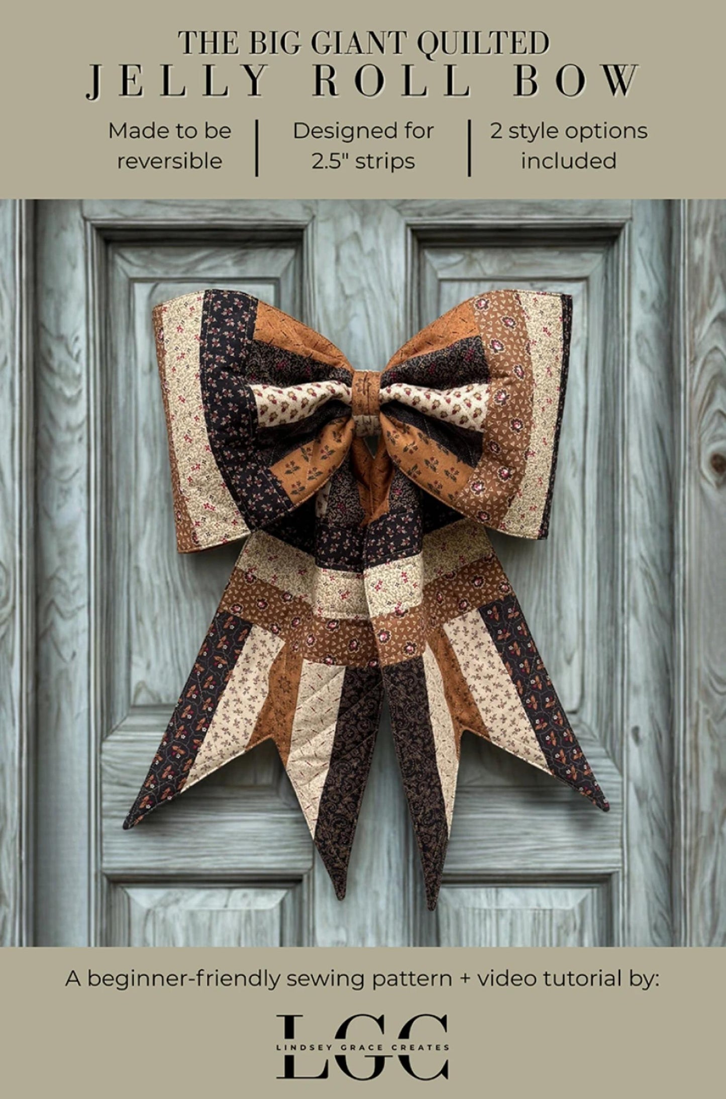 Quilted jelly roll bow on a wooden door with product details.