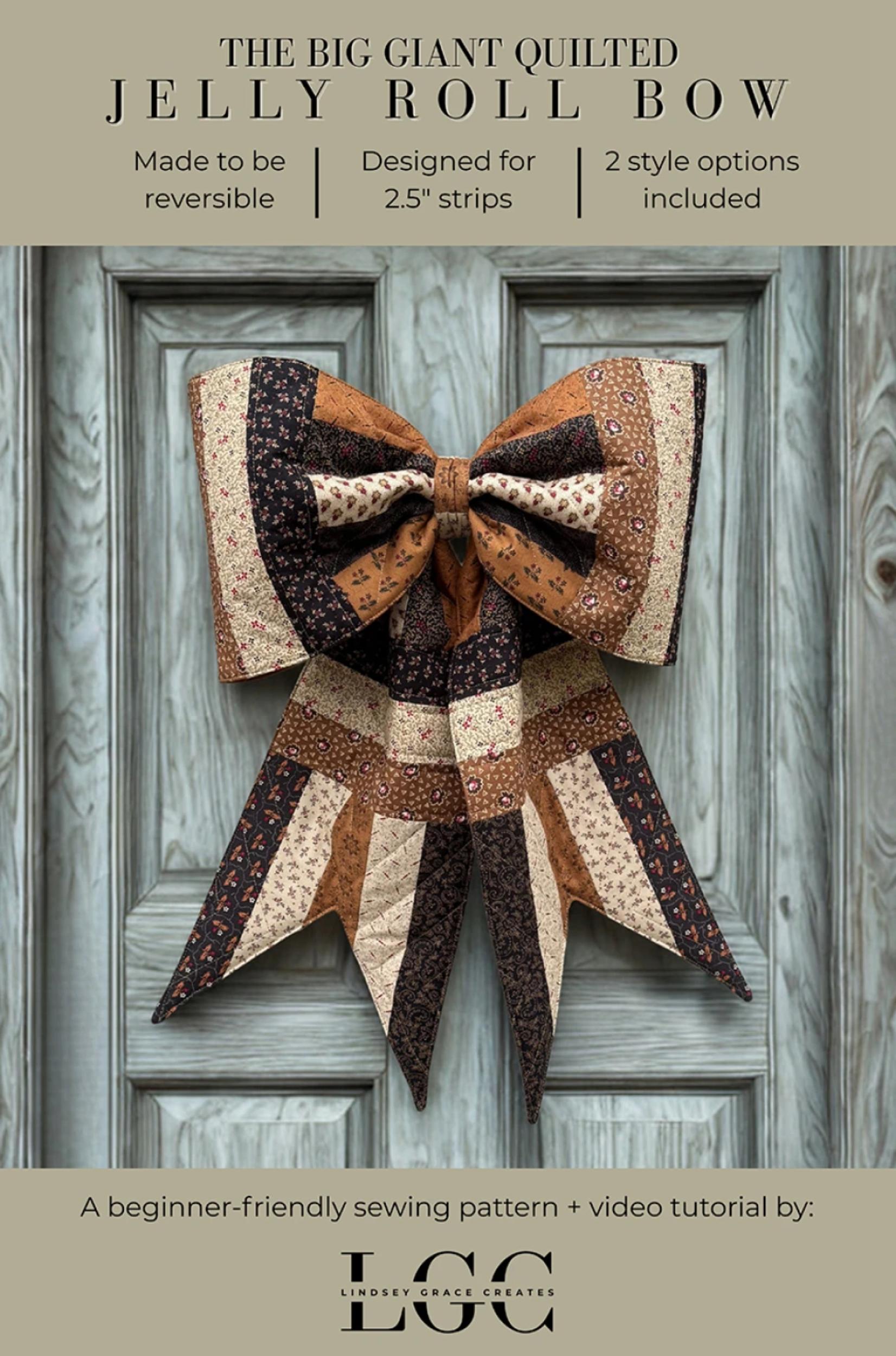 Quilted jelly roll bow on a wooden door with product details.