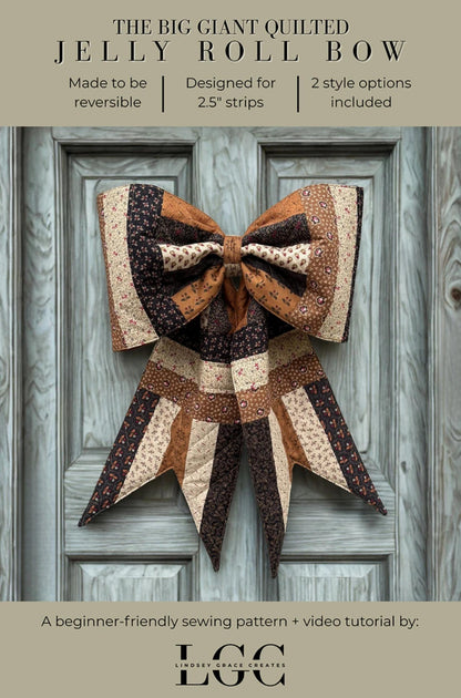 Quilted jelly roll bow on a wooden door with product details.
