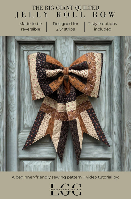 Quilted jelly roll bow on a wooden door with product details.