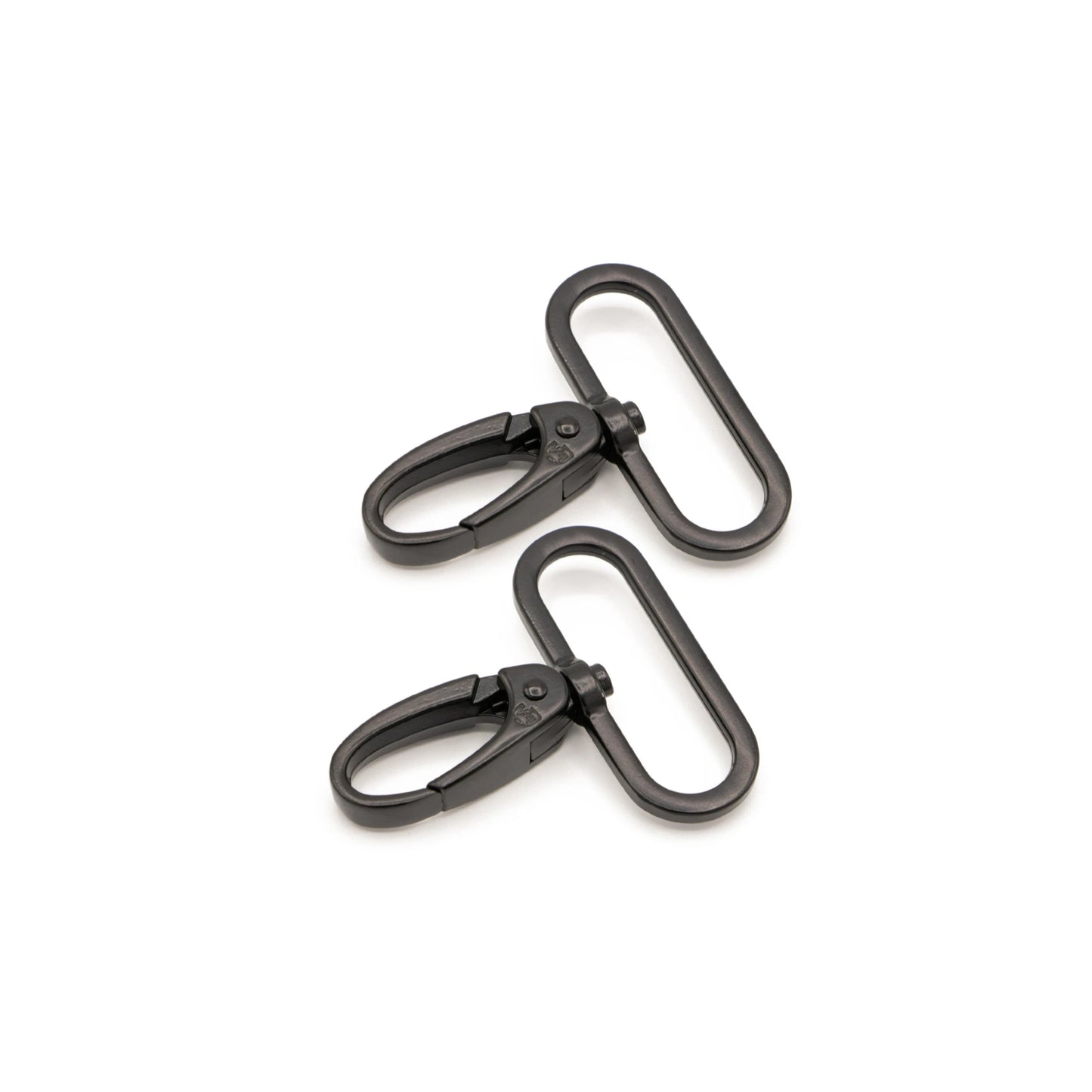 Two black metal swivel hooks on a white background