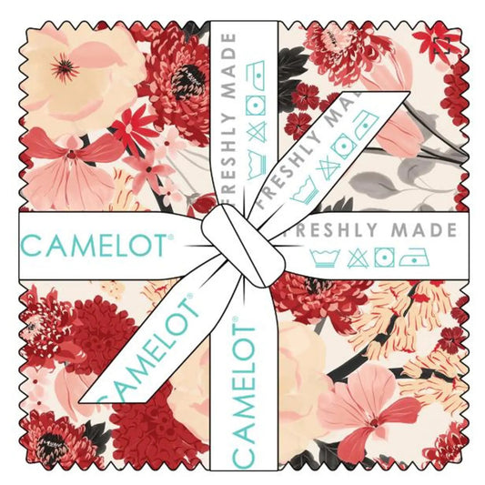 Camelot fabric swatch with floral patterns and brand name.
