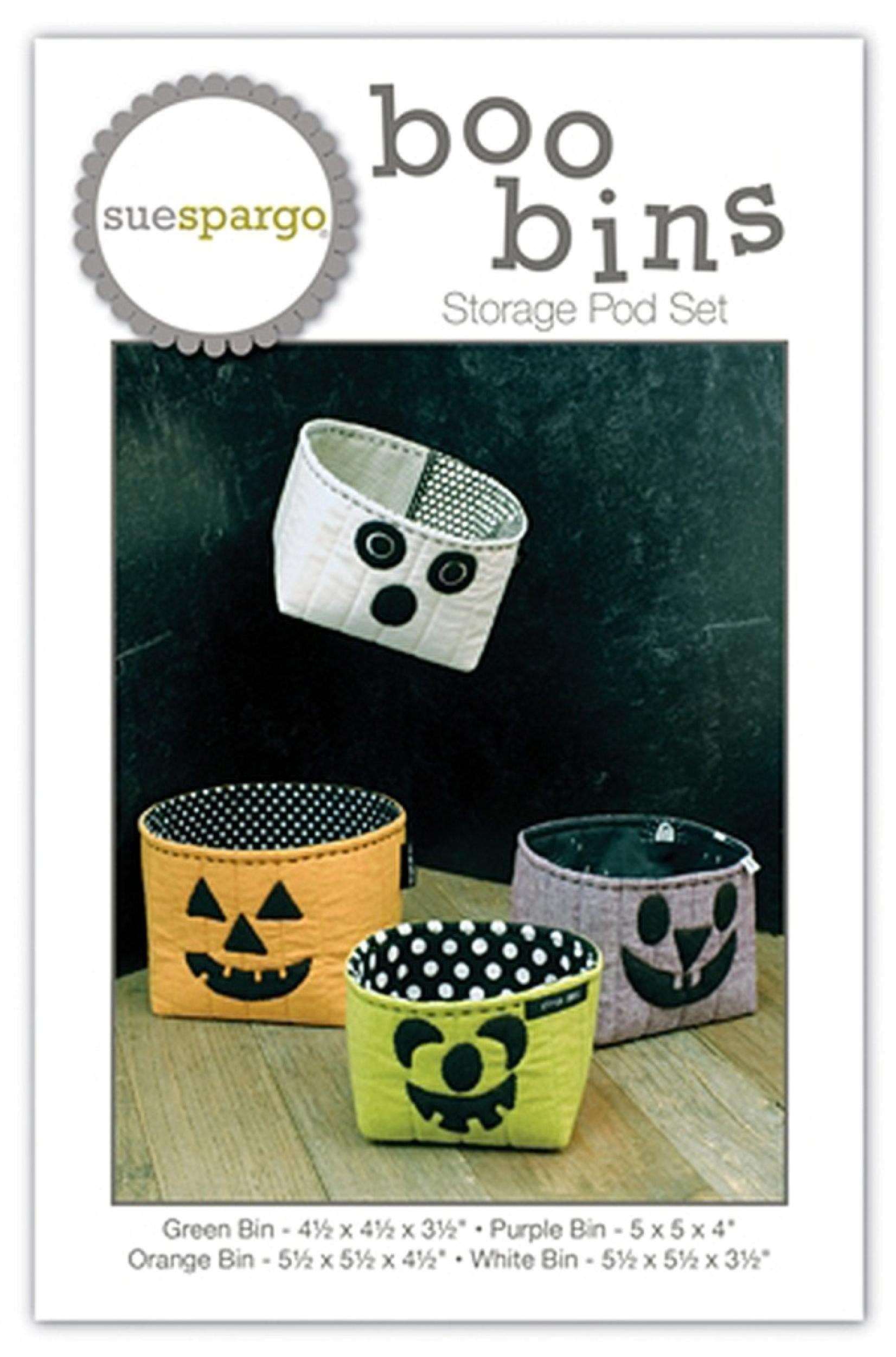 Set of Halloween-themed storage bins with a packaging design featuring the brand 'sue spargo'.