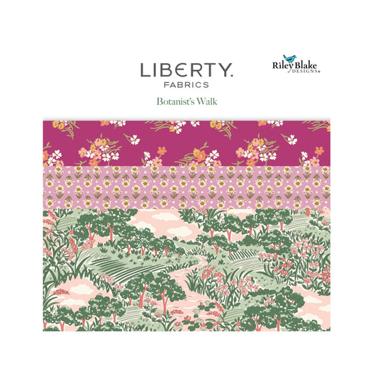 Liberty Fabrics Botanist's Walk pattern on a pink background with Liberty and Riley Blake logos.