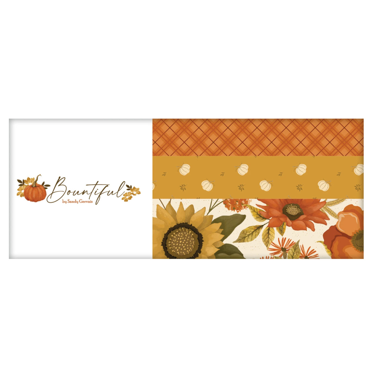 A rectangular autumn-themed patterned card or label on a white background. The left portion is white with the words 'Bountiful by Sandy Gervais' and a small pumpkin illustration.