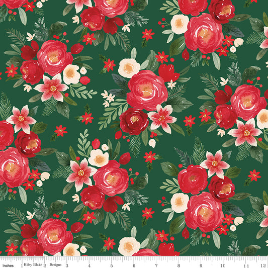 Floral pattern with red and pink flowers on a green background
