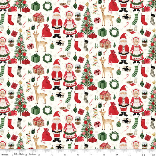 Christmas-themed fabric pattern with Santa Claus, reindeer, and presents on a white background.