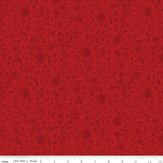 Red fabric with black floral pattern, brand 'Riley Blake' visible