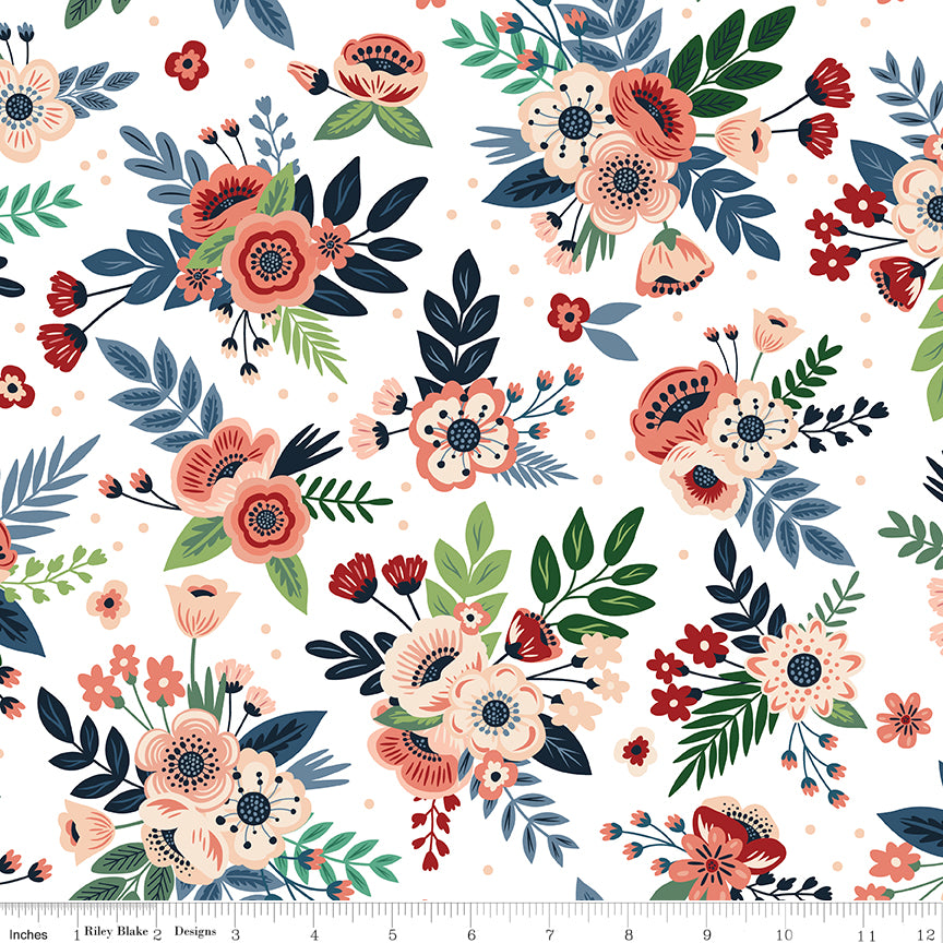Floral pattern with red, pink, and green flowers on a white background