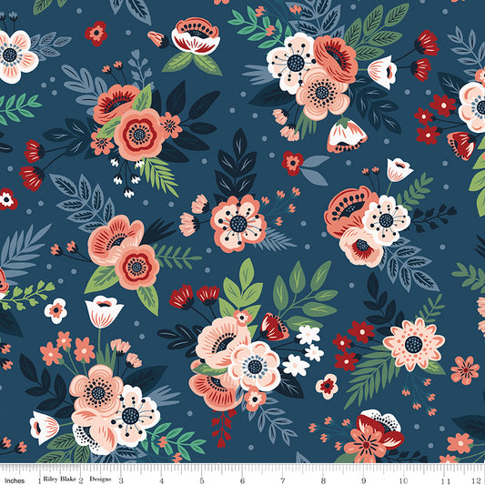 Floral pattern with pink, red, and white flowers on a blue background
