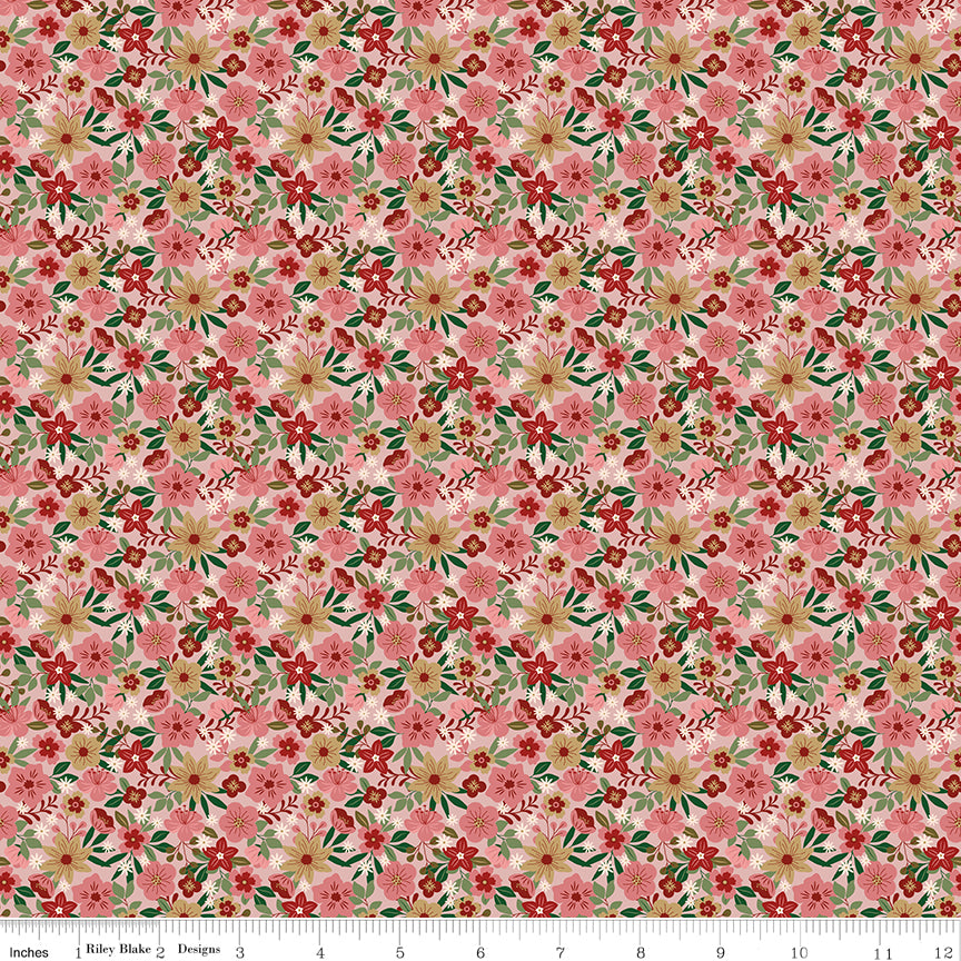 Floral pattern fabric with pink and green colors on a white background