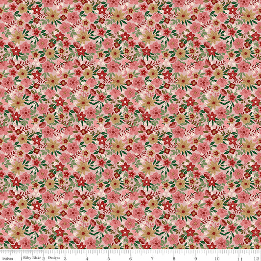 Floral pattern fabric with pink and green colors on a white background