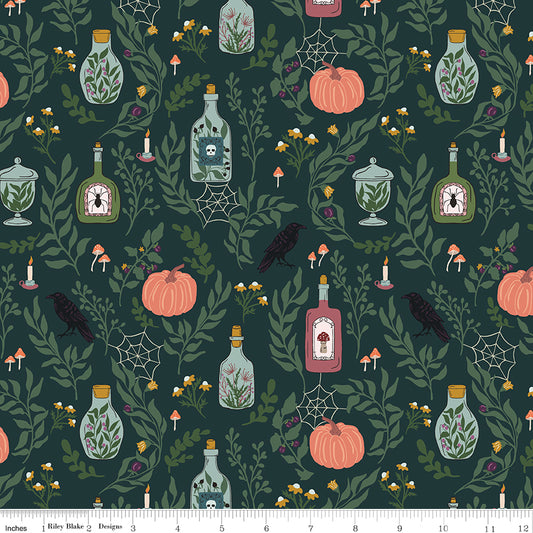 Halloween-themed fabric pattern with pumpkins, bottles, and leaves on a dark green background.