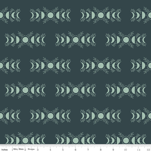 Pattern of moon phases on a dark green background with a ruler for scale.