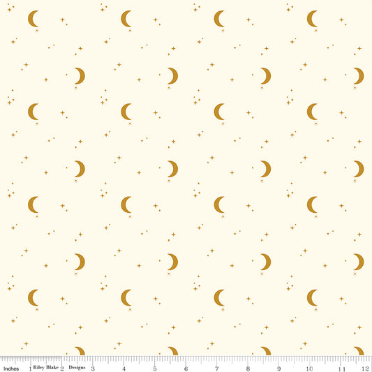 Pattern of yellow crescent moons and small stars on a white background