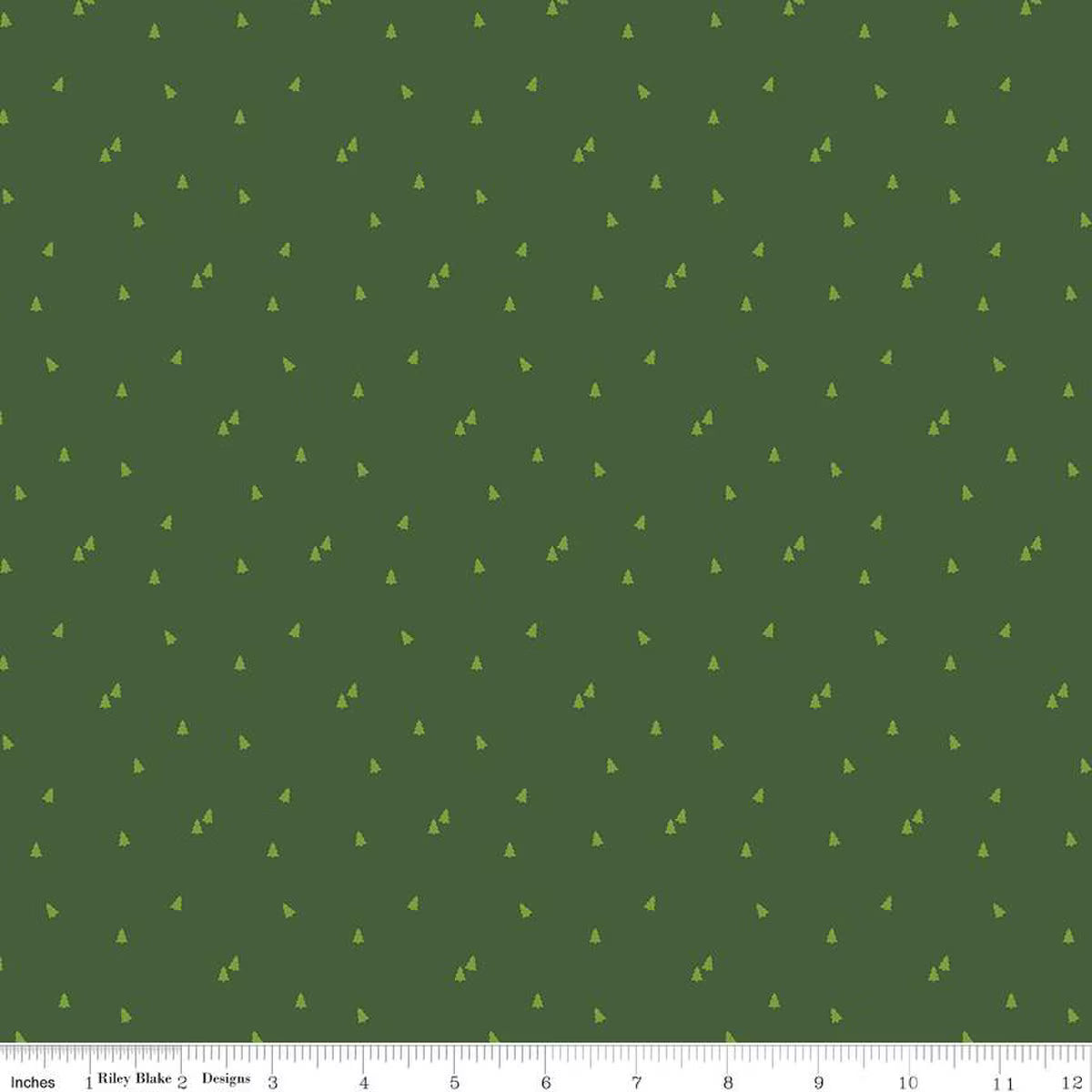 Green fabric with small lighter green simple Christmas trees scattered.