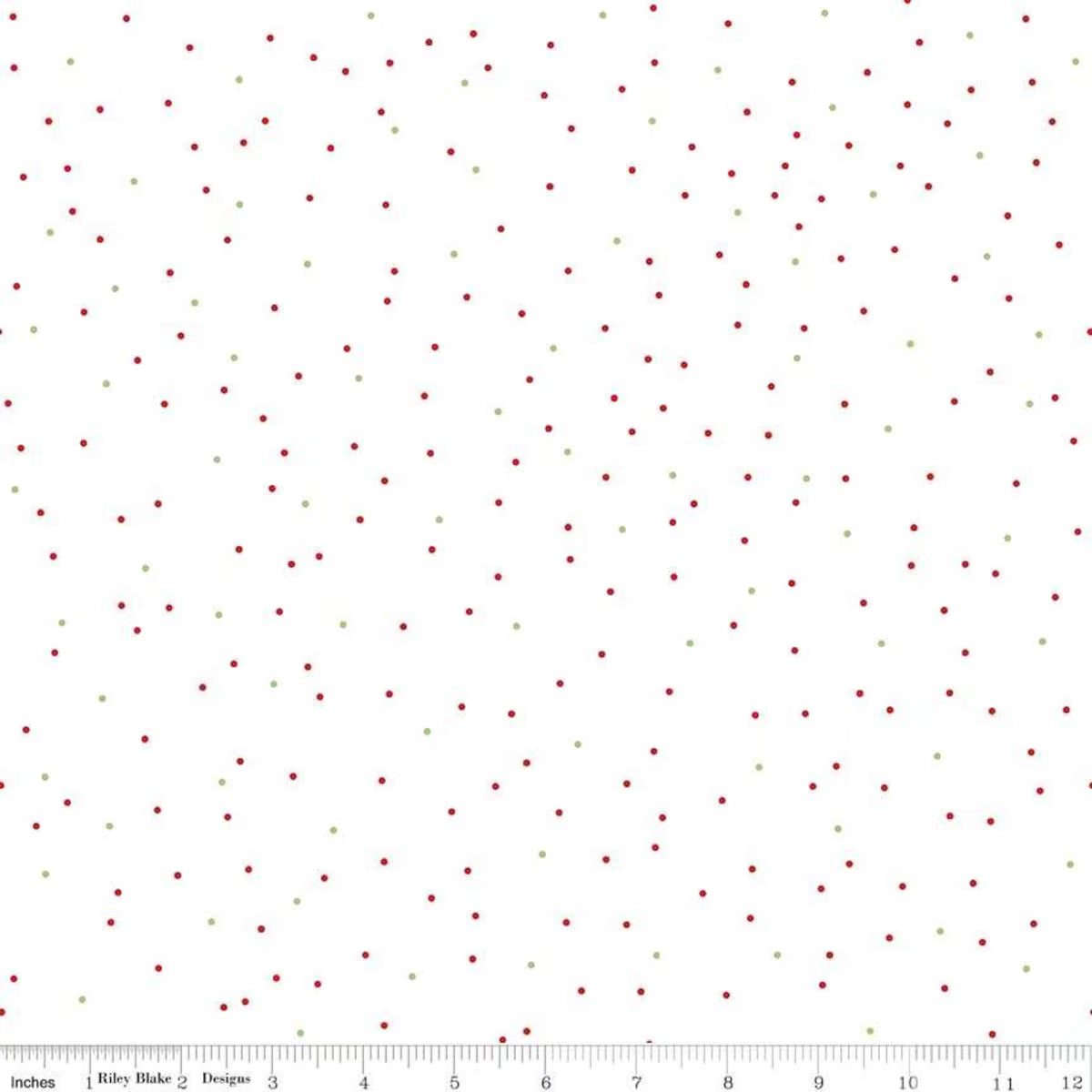 White fabric with green and red dots scattered