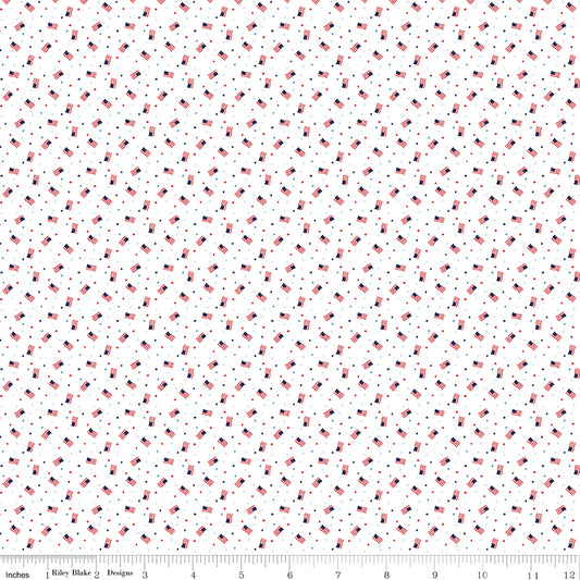 Pattern of small American flags on a white background with a ruler at the bottom.