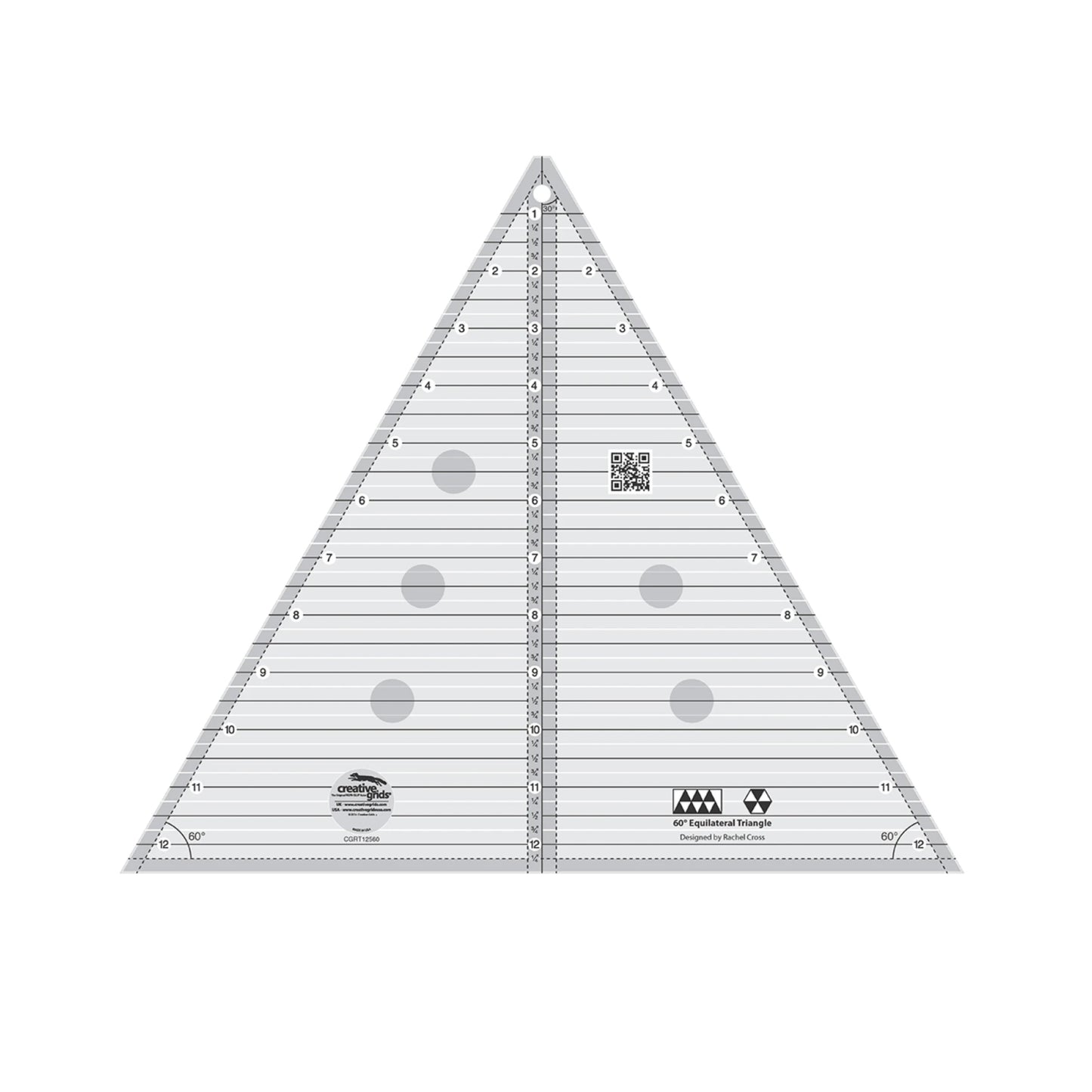 Triangular ruler with measurement markings on a white background