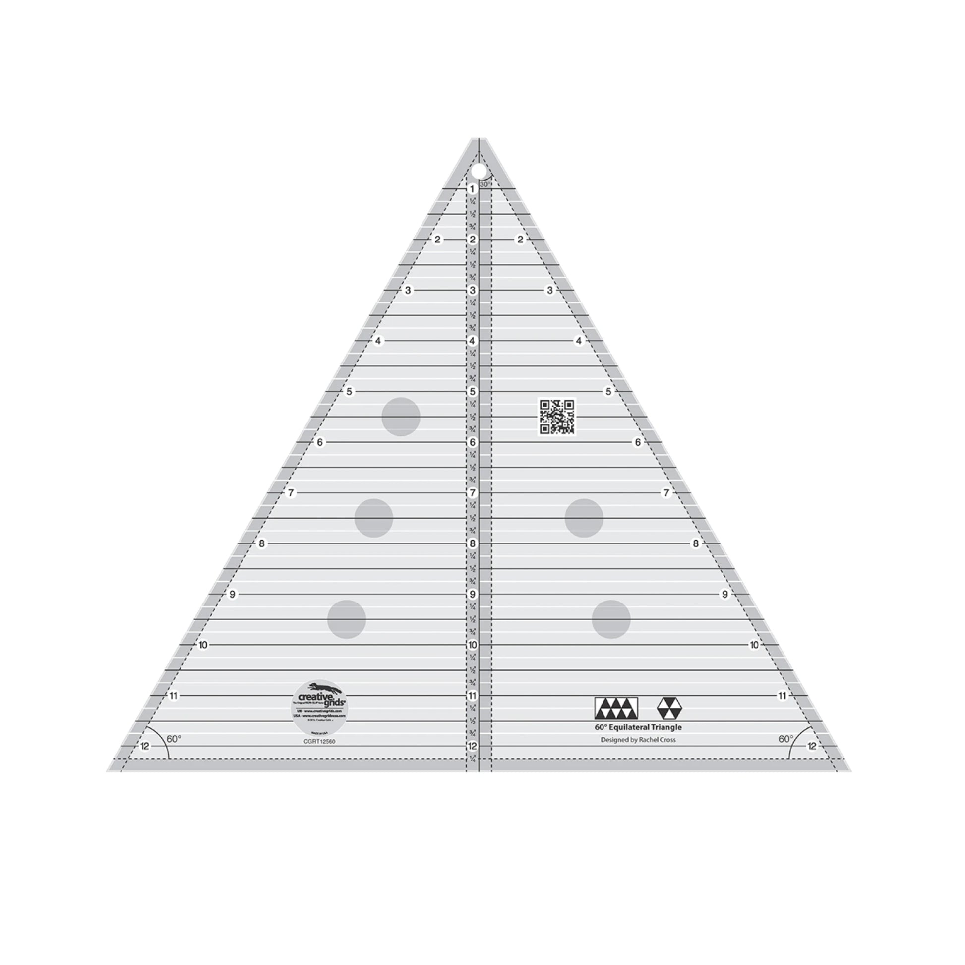 Triangular ruler with measurement markings on a white background