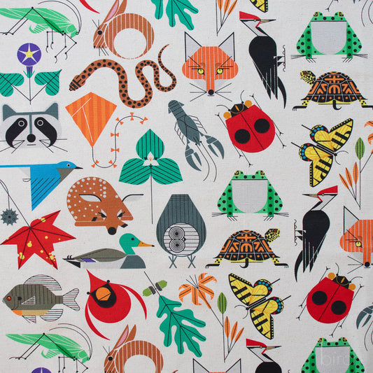 Pattern of colorful animals and insects on a light gray background