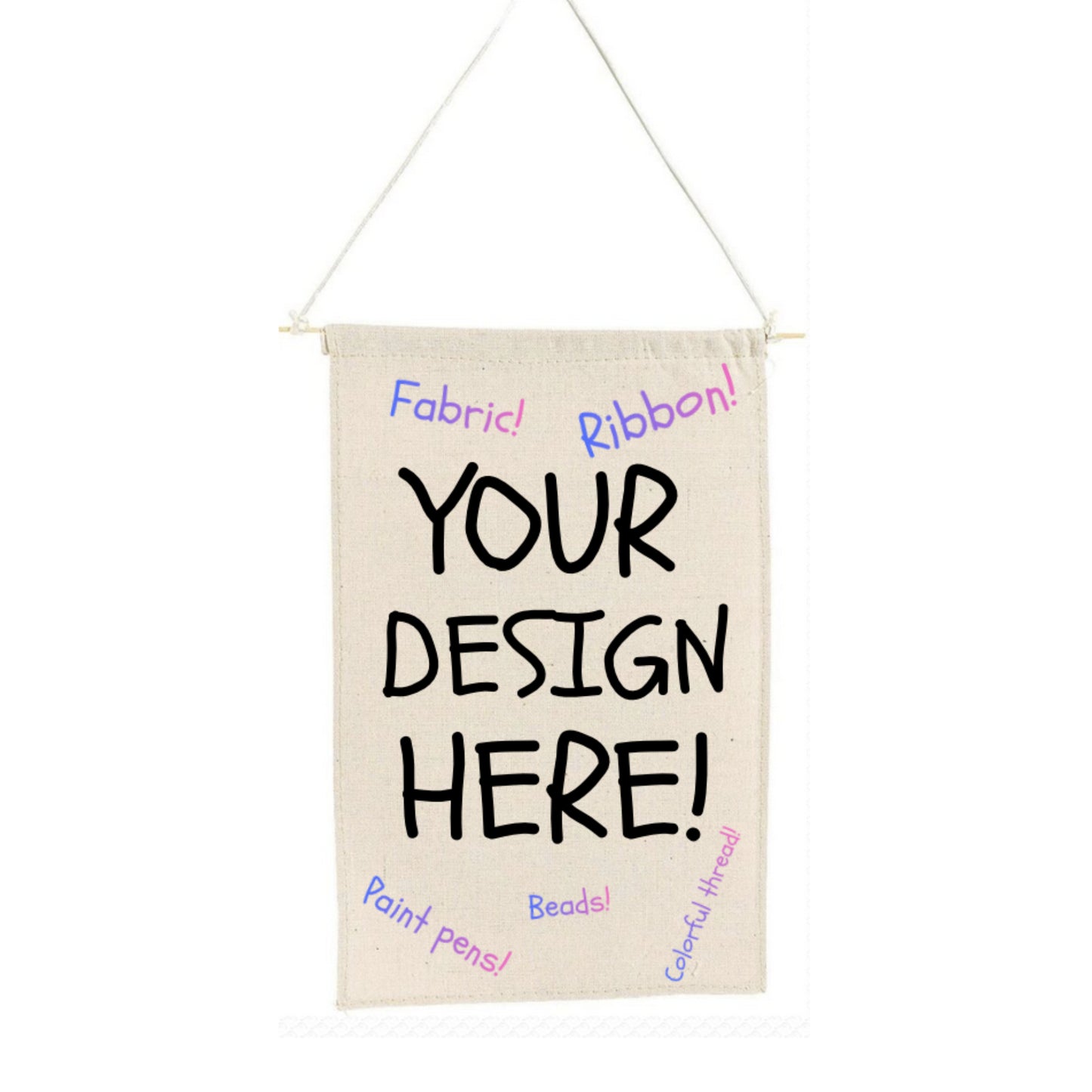 Blank banner with text 'Your design here!' on a white background